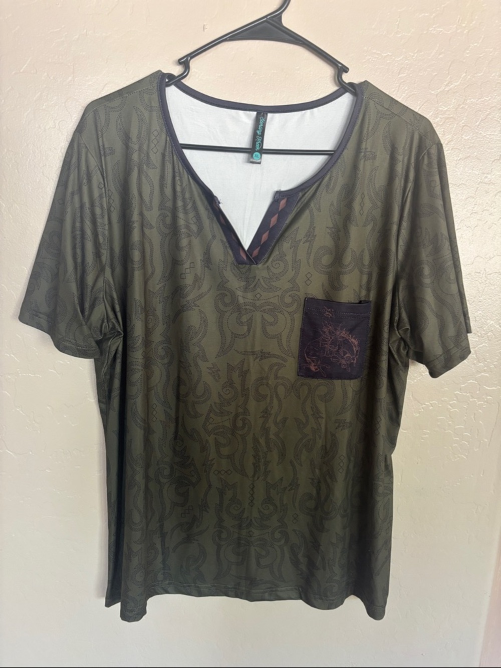 Sterling Kreek Olive Green Short-Sleeve V-Neck Shirt with Pocket